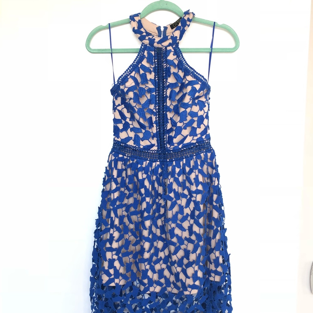 High neck beautiful detail Size small blue and nude lace dress